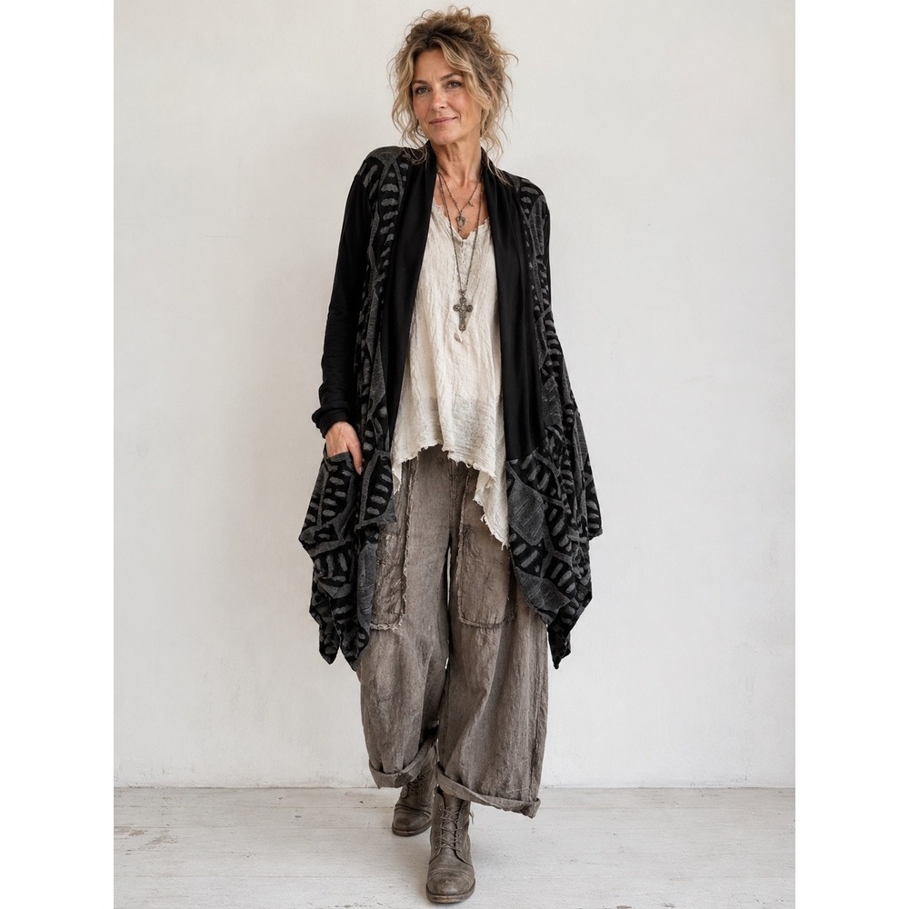 IC Collection Cardigan Large L Black Grey Geometric Burnout Open Front Draped